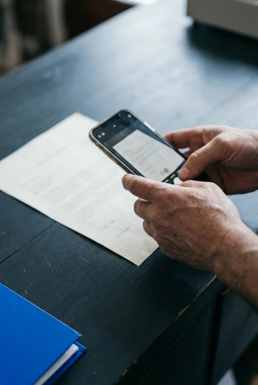 Manos escaneando un documento con el celular sobre el mostrador de un negocio